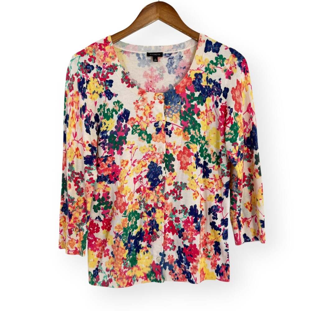 Talbots Floral Cardigan Womens S Button Front Cotton Blend Preppy Office Career